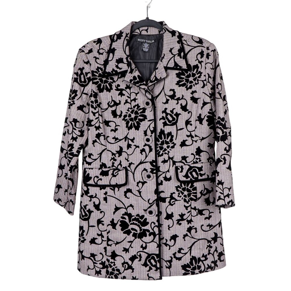 Floral Herringbone Jacket M Women Long Buttons Velour Accent Gray Black